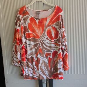 Chico's Women's Top - Red and Brown Floral